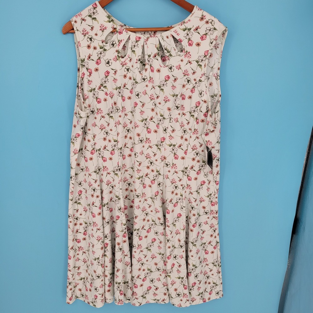 NWT Gabby Skye Sleeveless Floral Dress Cream Pink Green Pleated Neck Fit Flare